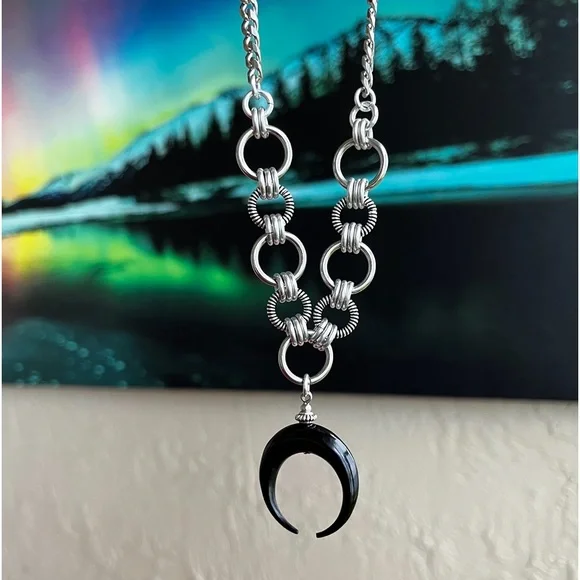 stainless steel necklace cuban chain black buffalo horn crescent moon charm - Picture 1 of 10